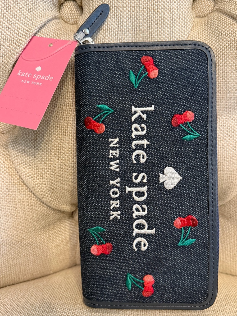 NEW Kate Spade Ella Large Cherry Embroidered Denim Continental Zip Around Wallet